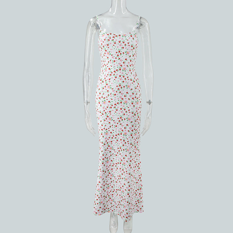 Summer new suspender U-neck slim fit backless floral dress