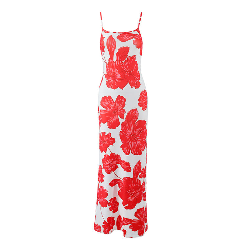 Summer new suspender U-neck slim fit backless floral dress