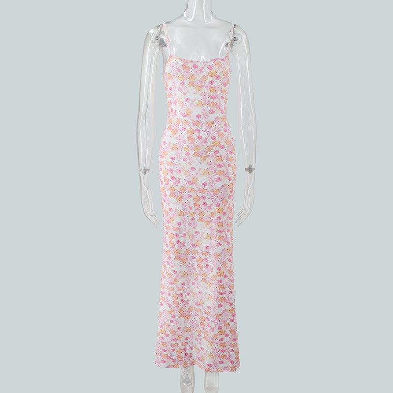 Summer new suspender U-neck slim fit backless floral dress